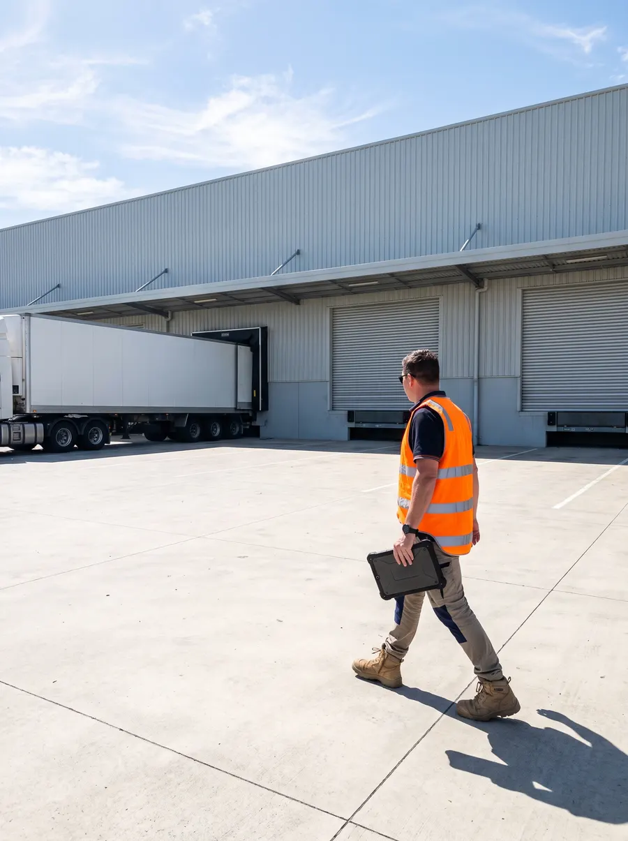 A site manager crosses the apron of a logistics warehouse towards a truck at a loading dock