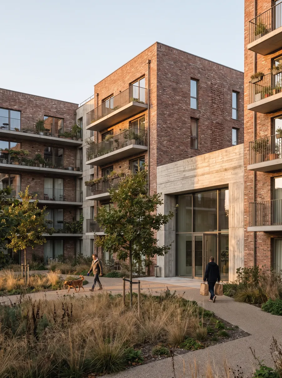 Residents walk through the landscaped courtyard of a brick apartment community