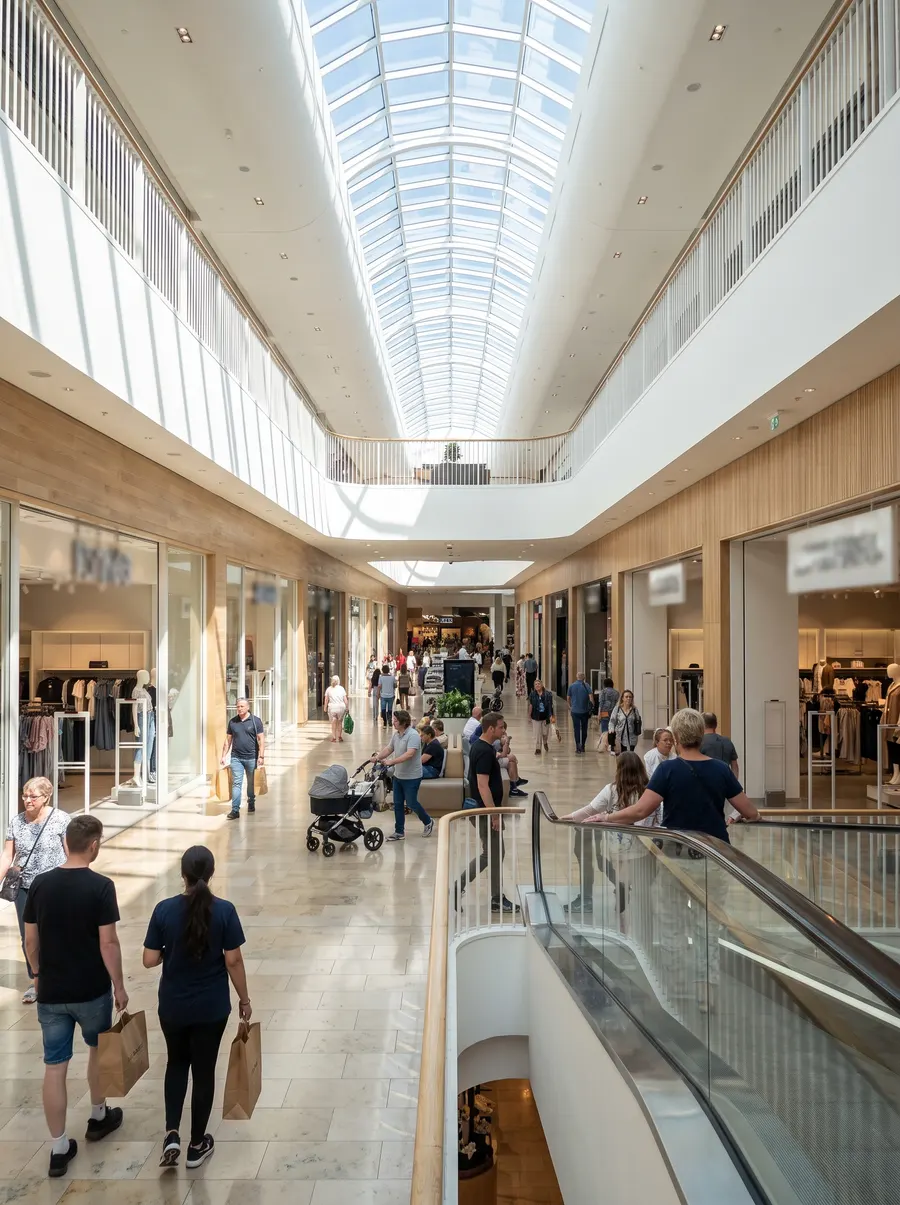 Shoppers walk through the skylit atrium of a shopping centre